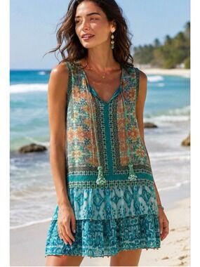 HEMANT & NANDITA Teal Floral Silk Mini Dress XL